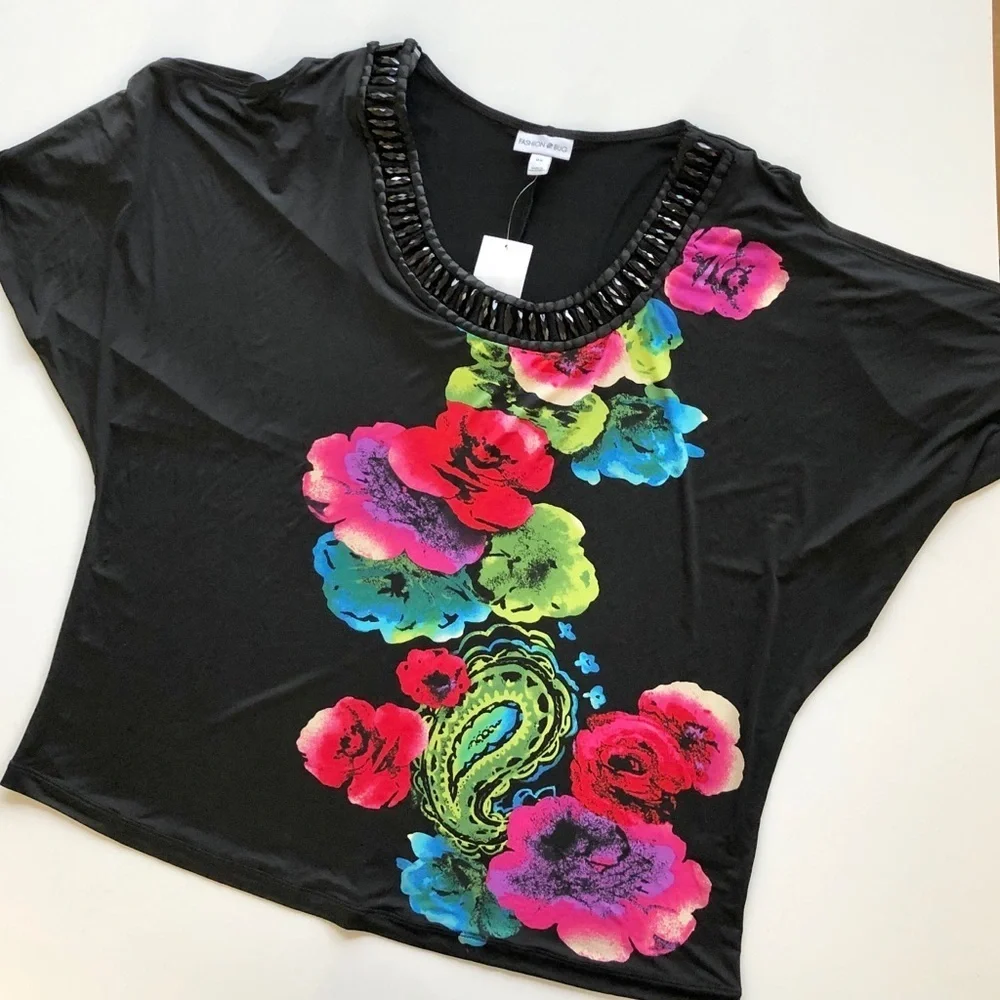Fashion Bug vibrant floral and beaded top, Sz. 0X